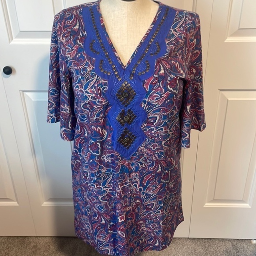 Ayla Blue Pink Paisley Dress Studs V Neckline 3/4” Sleeves Shirt Dress Size M